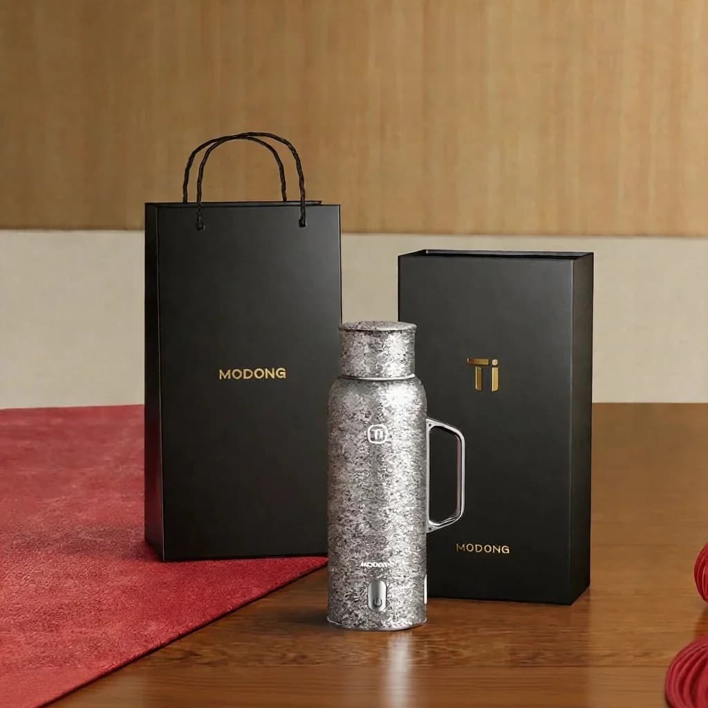 Cốc giữ nhiệt titanium có tay cầm 680ml hộp quà