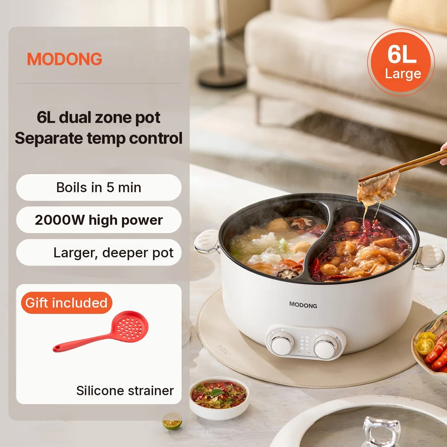 Nồi lẩu điện 6L hai vùng nấu, điều chỉnh nhiệt độ độc lập