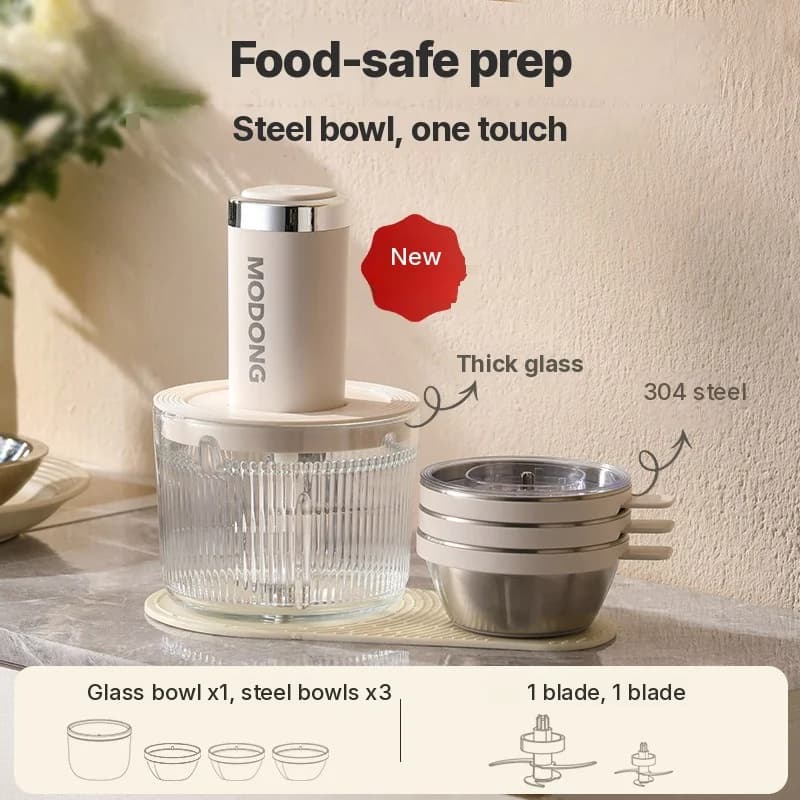Máy cắt thực phẩm điện với tô thủy tinh 4 lưỡi cho gia đình