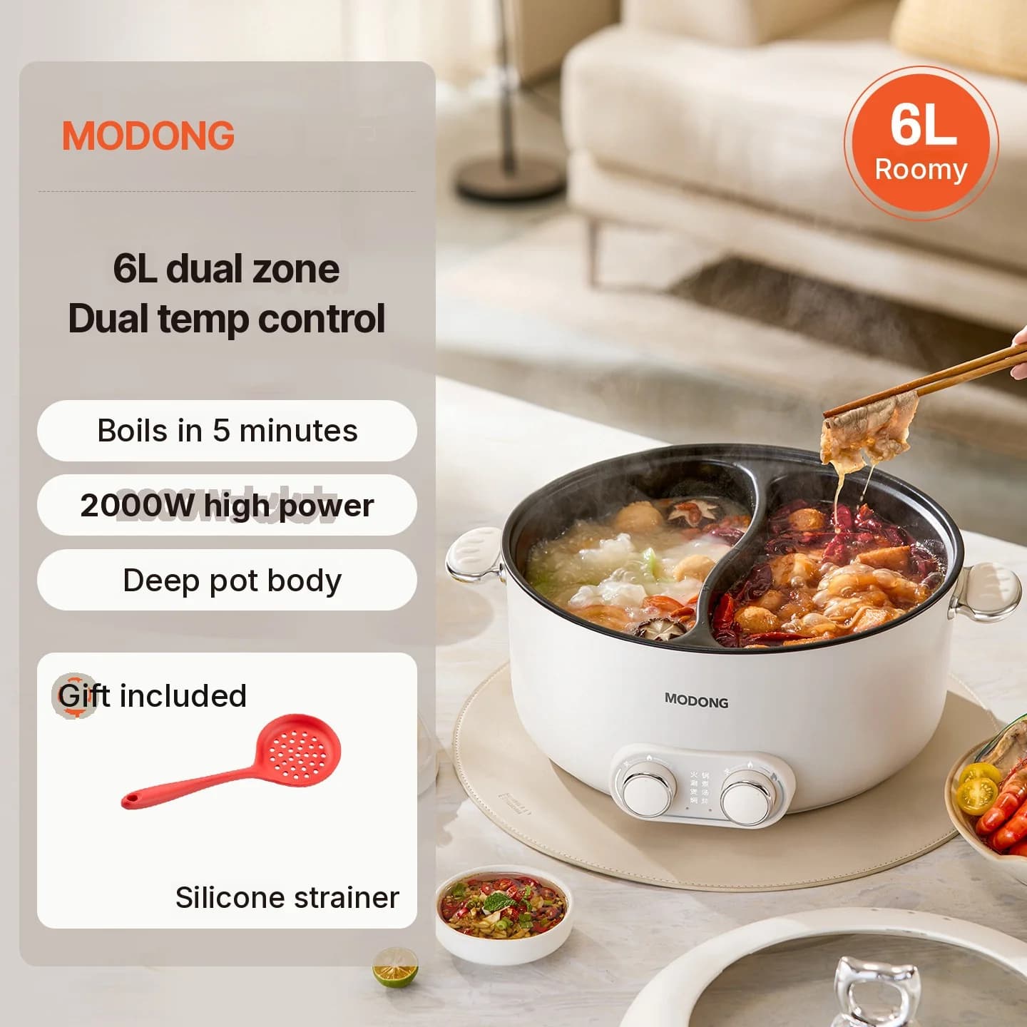 Nồi lẩu điện 6L hai vùng nấu, điều chỉnh nhiệt độ độc lập