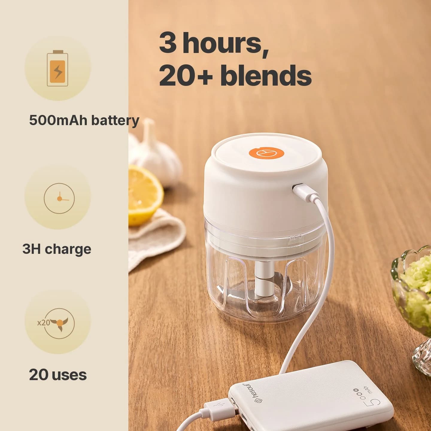 Cốc máy băm tỏi điện không dây 250mL 5V 30W bằng nhựa