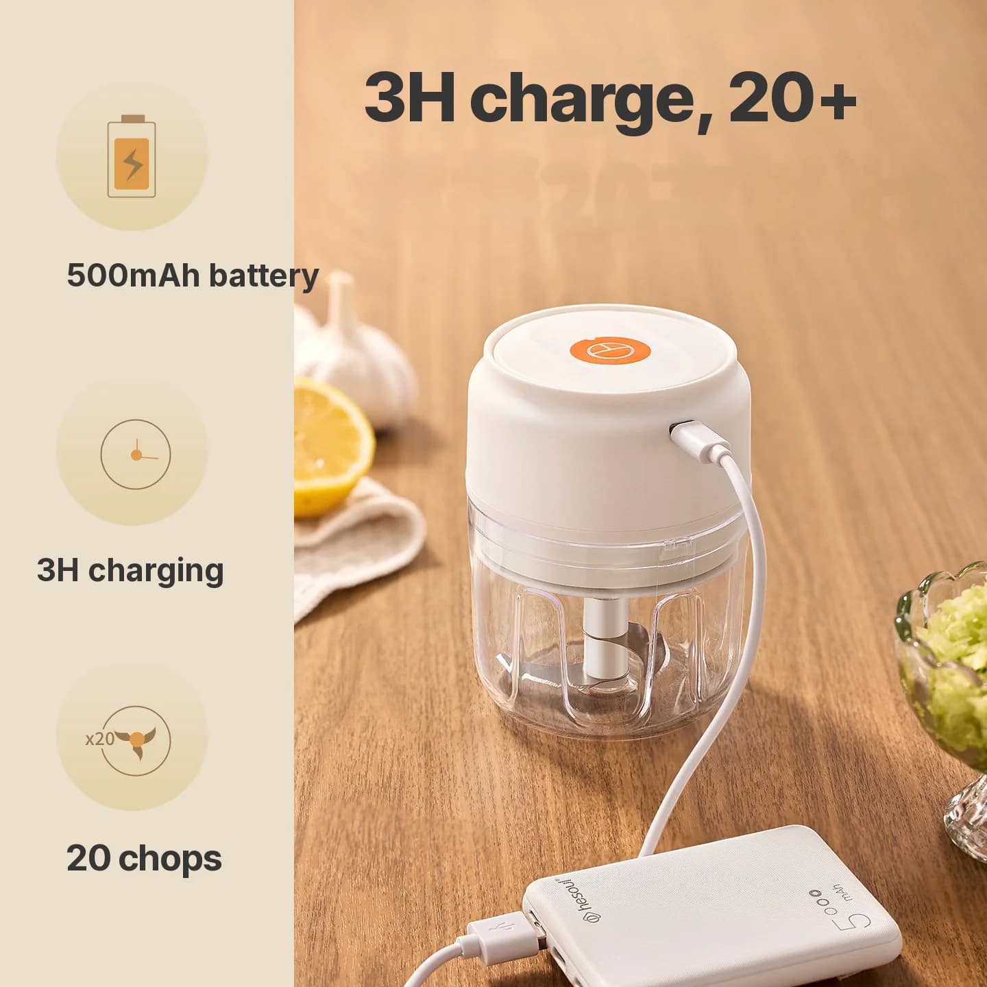 Cốc máy băm tỏi điện không dây 250mL 5V 30W nhựa