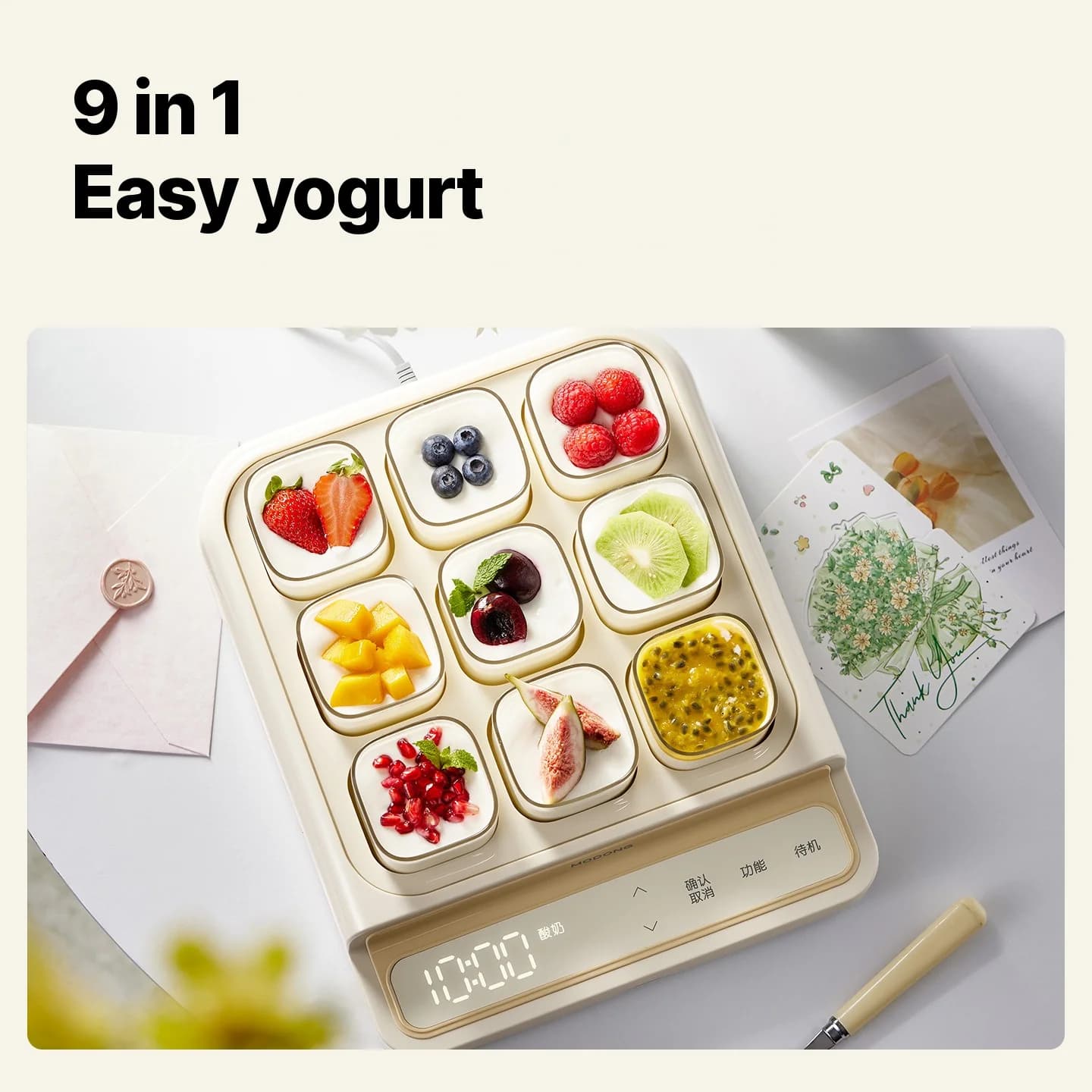 Máy làm sữa chua 9 cốc với nồi trong bằng thủy tinh và hẹn giờ
