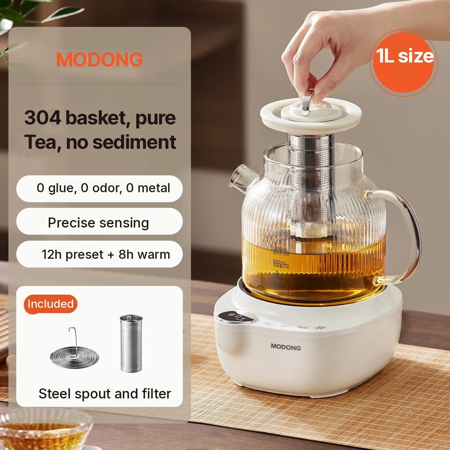 Ấm đun trà điện bằng kính có điều khiển nhiệt độ, 1L